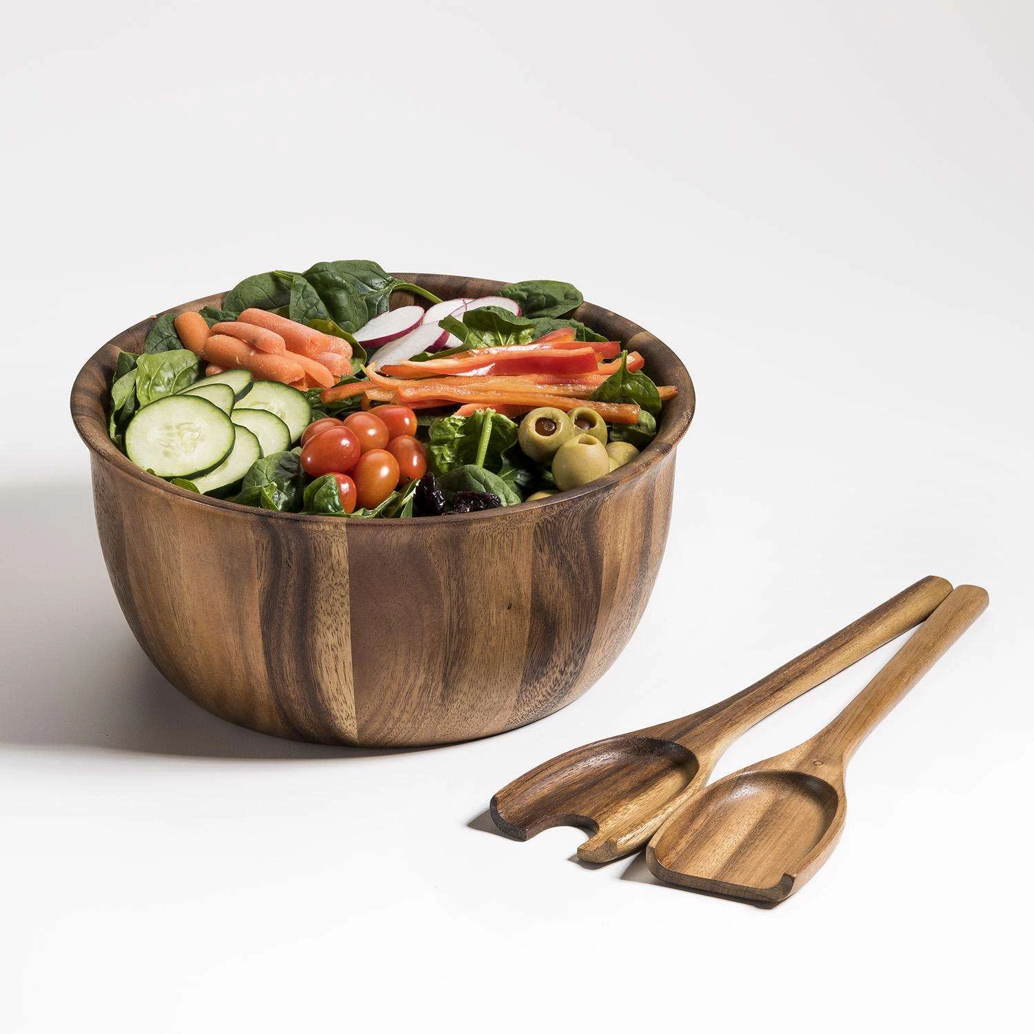 Kalmar Home Brown Acacia Wood Salad Bowl With Servers 1 Pk - Image 2